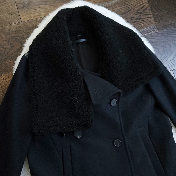 All Saints Okito Minimilist Wool Shearling Collar Pea Lamb Leather Coat - Picture 4 of 11